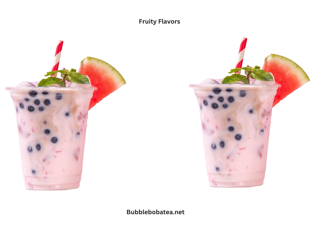 Disclaimer: cups of pink fruity bubble tea with blueberries and  watermelon slices, on the top with mint leafs taste 






