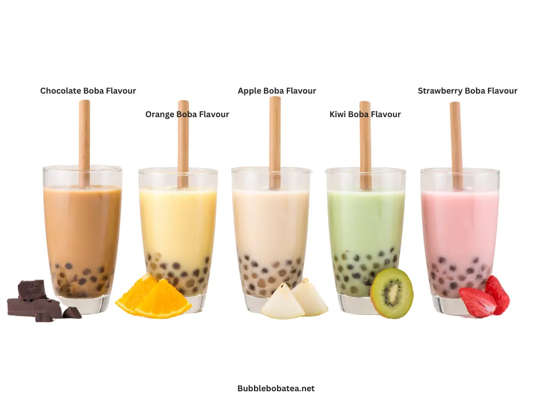 boba drinks in various flavors, including chocolate, orange, apple, kiwi, and strawberry, with colored milk teas and tapioca pearls