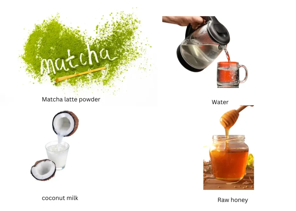 matcha latte powder with ingredients like milk, water and raw honey.