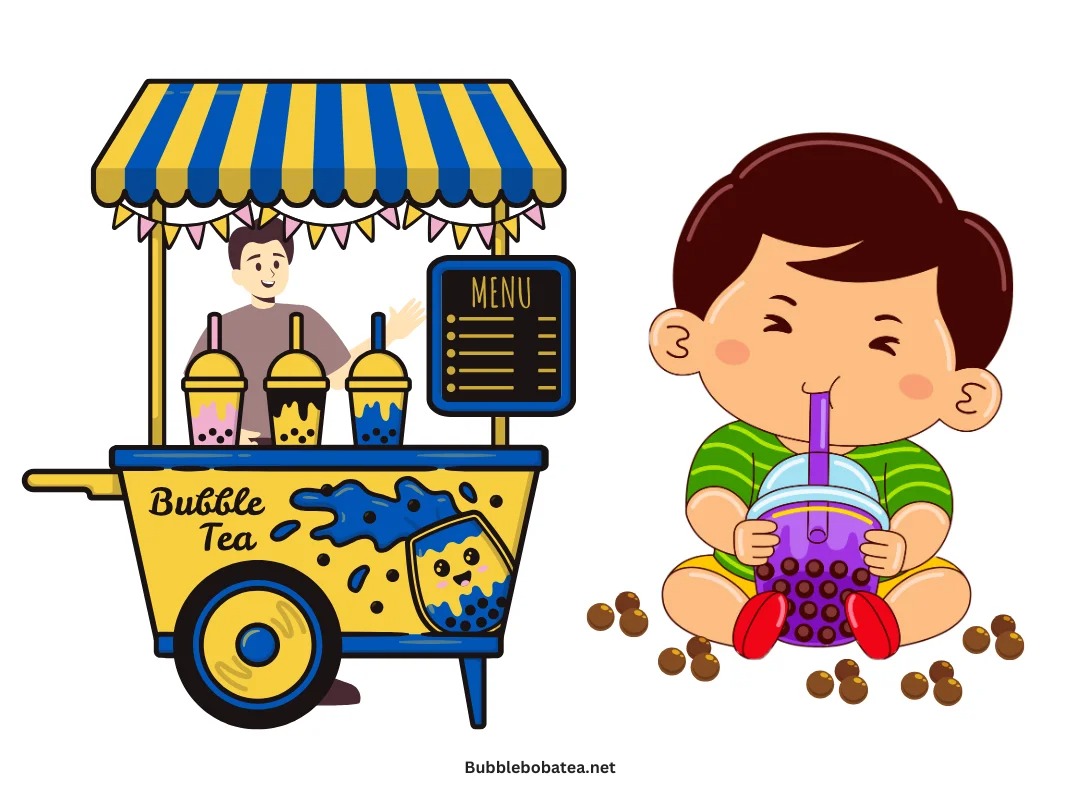 portraying of a bubble tea cart with a child enjoying taro boba tea, with tapioca pearls and colorful boba drinks.