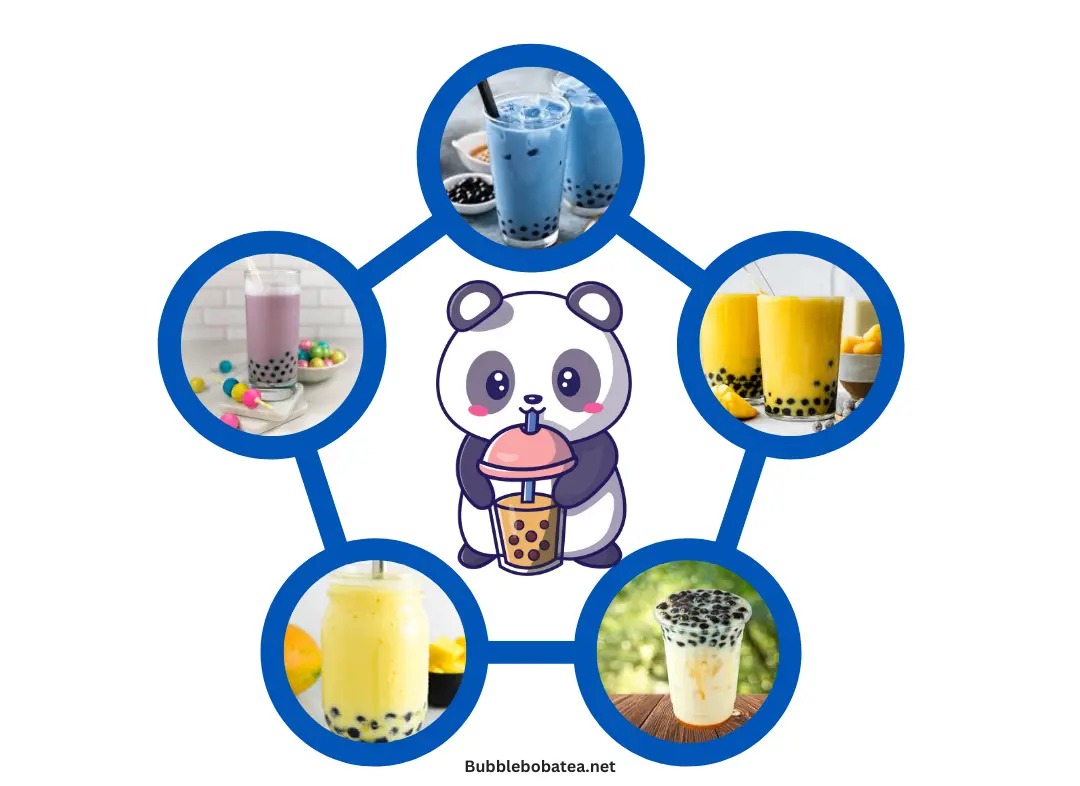 A cute panda enjoying taro milk tea with tapioca pearls in colorful drink varieties.






