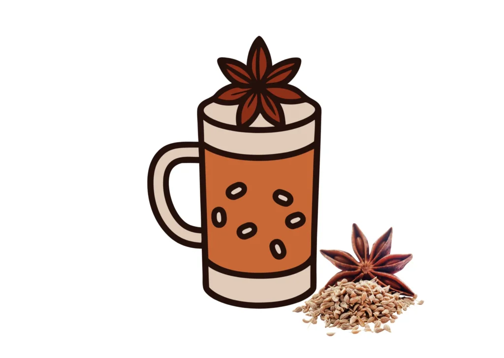 Graphic illustration of a glass mug filled with anise tea, topped with a star anise pod, accompanied by a pile of star anise pods and anise seeds.