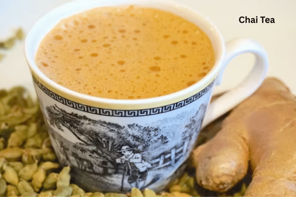 Chai tea with a frothy surface, served in a decorative mug